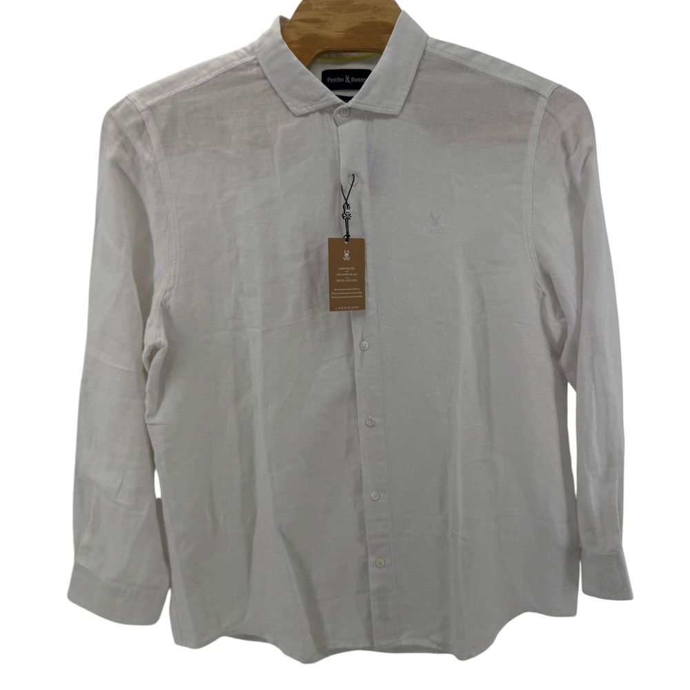 Psycho Bunny Mens XXL White Cotton Linen Blend Long Sleeve Button Down Shirt NWT